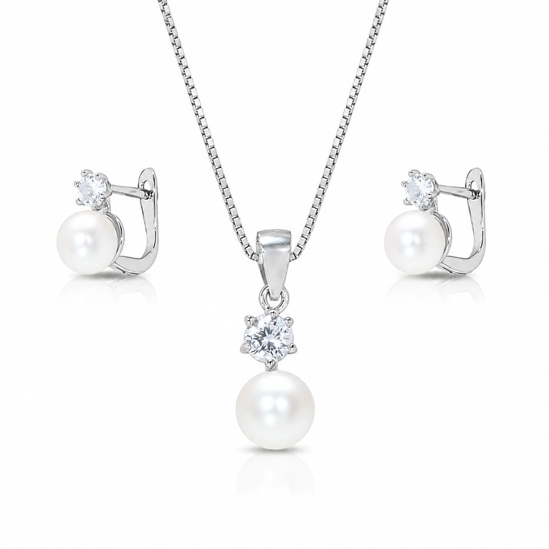 Gargantilha com Brincos e Pingente de Pérola Biwa e Zircônia Cristal