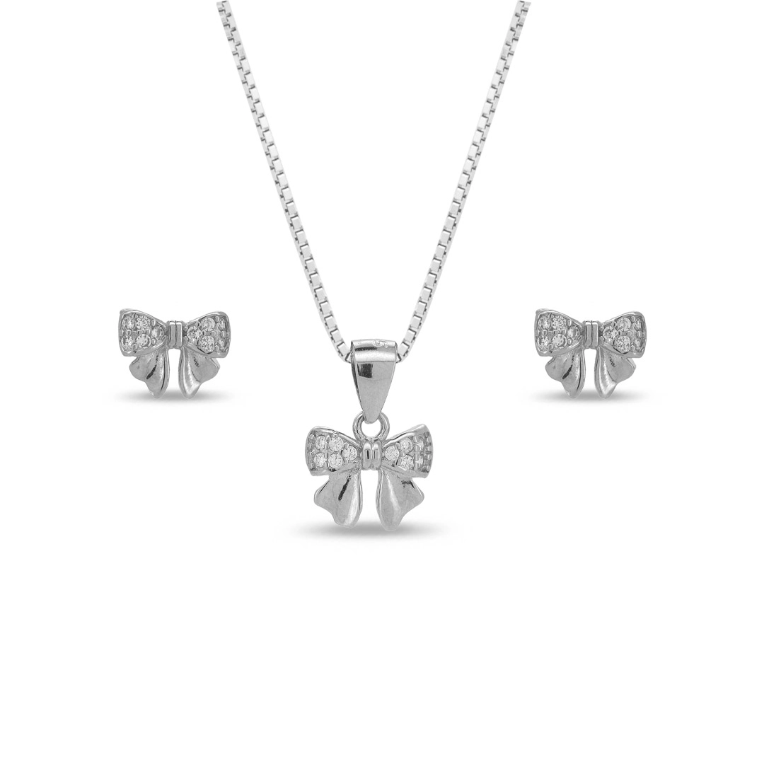 Gargantilha de Prata com Brincos e Pingente de Laço com Zircônias Cristal
