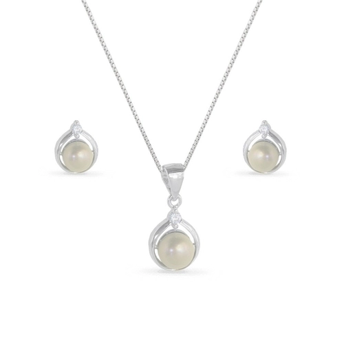 Gargantilha de Prata com Brincos Top e Pingente com Pérola Biwa e Zircônia Cristal