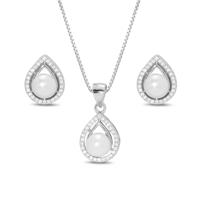 Gargantilha De Prata Top Com Brincos E Pingente Gota Com Pérola Biwa E Zircônia Cristal