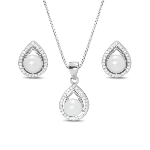 Gargantilha De Prata Top Com Brincos E Pingente Gota Com Pérola Biwa E Zircônia Cristal