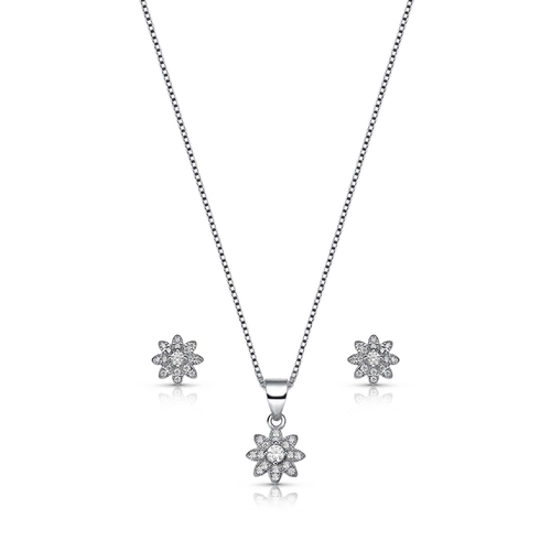 Gargantilha de Prata Top com Brincos e Pingente de Flor com Zircônias Cristal