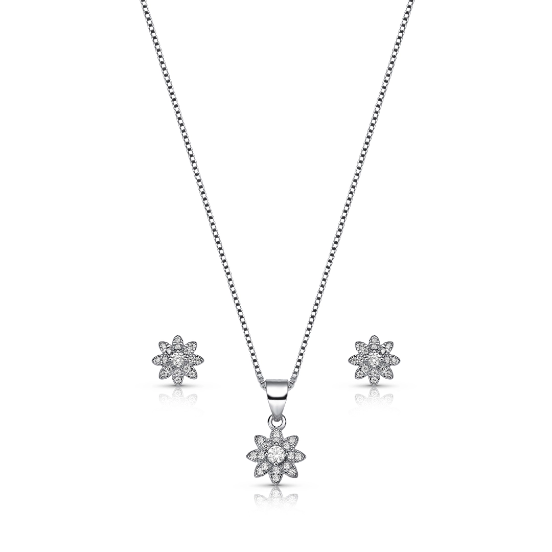Gargantilha de Prata Top com Brincos e Pingente de Flor com Zircônias Cristal