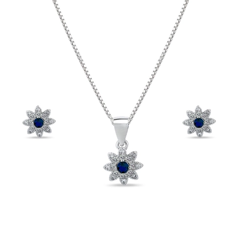 Gargantilha de Prata com Brincos Top e Pingente de Flor com Zircônia Safira