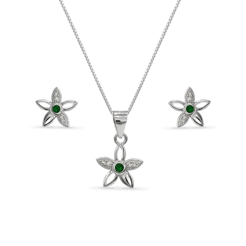 Gargantilha de Prata Top com Brincos e Pingente de Flor com Zircônia Esmeralda