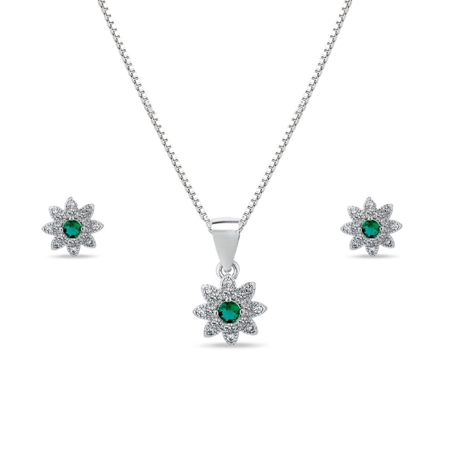 Gargantilha de Prata com Brincos Top e Pingente de Flor com Zircônia Esmeralda