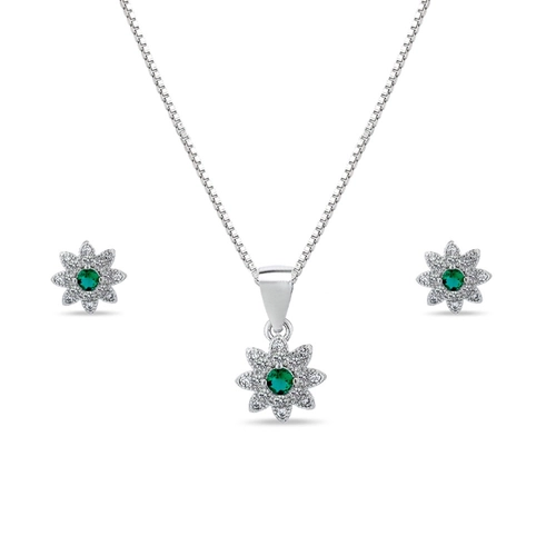 Gargantilha de Prata com Brincos Top e Pingente de Flor com Zircônia Esmeralda
