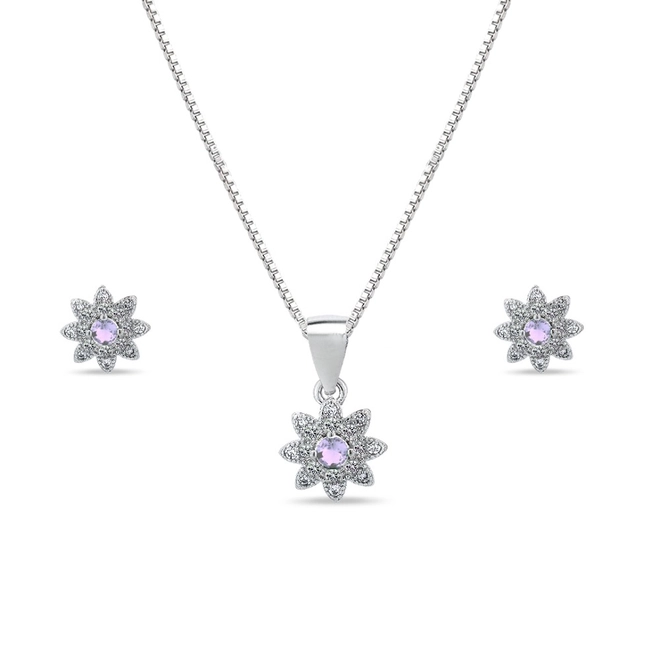 Gargantilha de Prata com Brincos Top e Pingente de Flor com Zircônia Ametista