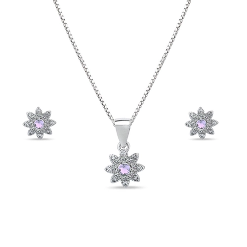 Gargantilha de Prata com Brincos Top e Pingente de Flor com Zircônia Ametista