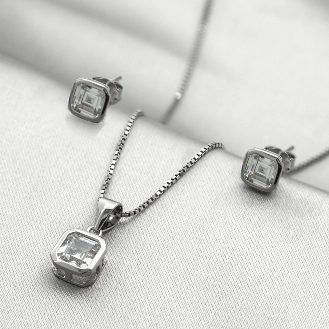 Gargantilha de Prata Top com Brincos e Pingente de Zircônia Cristal Quadrada