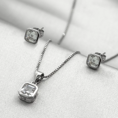 Gargantilha de Prata Top com Brincos e Pingente de Zircônia Cristal Quadrada