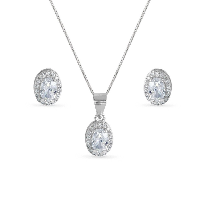 Gargantilha de Prata com Brincos e Pingente Oval de Zircônias Cristal