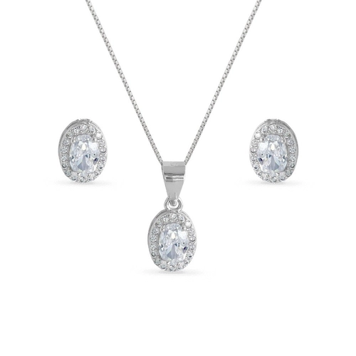 Gargantilha de Prata com Brincos e Pingente Oval de Zircônias Cristal