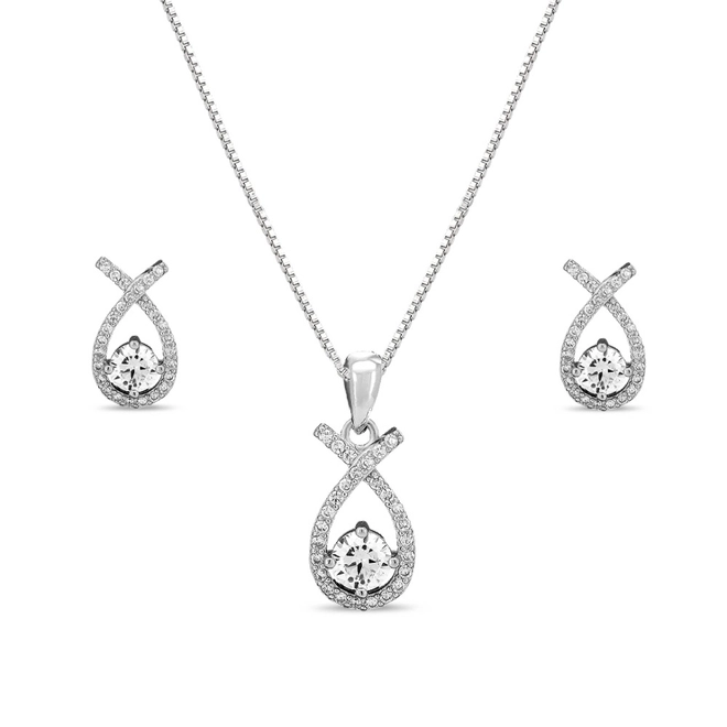 Gargantilha de Prata Top com Brincos e Pingente de Zircônia Cristal