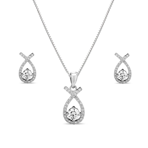Gargantilha de Prata Top com Brincos e Pingente de Zircônia Cristal
