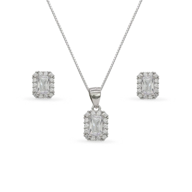 Gargantilha de Prata Top com Brincos e Pingente Retangular de Zircônias Cristal