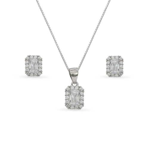 Gargantilha de Prata Top com Brincos e Pingente Retangular de Zircônias Cristal