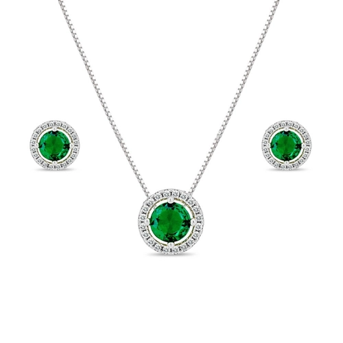 Gargantilha de Prata com Brincos Top e Pingente com Zircônia Cristal e Zircônia Esmeralda