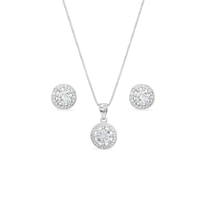 Gargantilha de Prata Top Redondo com Brincos e Pingente de Zircônia Cristal