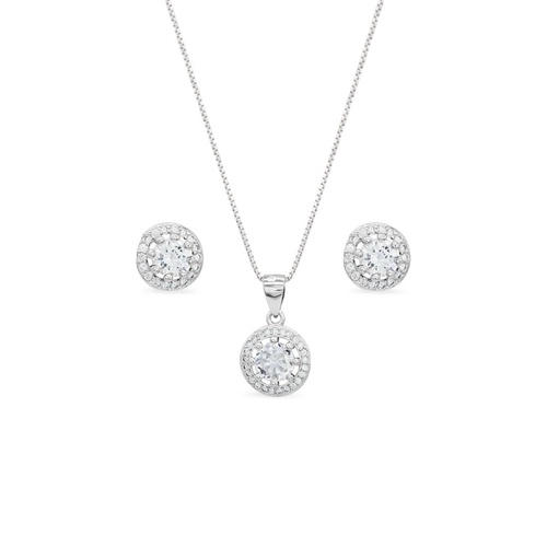 Gargantilha de Prata Top Redondo com Brincos e Pingente de Zircônia Cristal