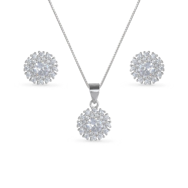 Conjunto de Prata de Zircônias Cristal Redonda