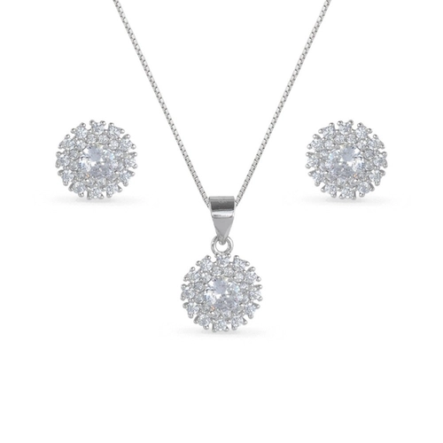 Conjunto de Prata de Zircônias Cristal Redonda