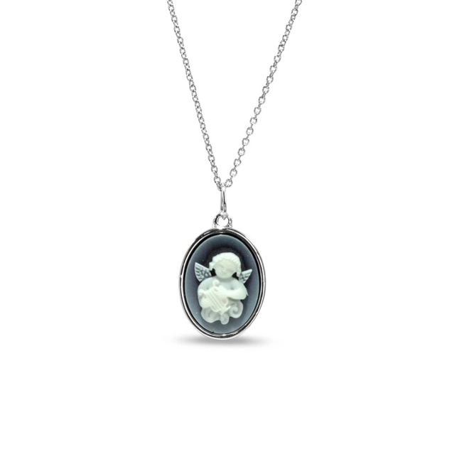 Gargantilha de Aço com Pingente em Ródio Camafeu com Anjo e Ágata Preta