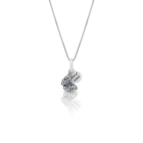 Gargantilha de Prata com Borboleta e Resina Azul e Zircônia Cristal