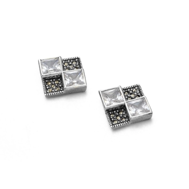 Brinco de Prata Top com Marcassita e Zircônia Cristal