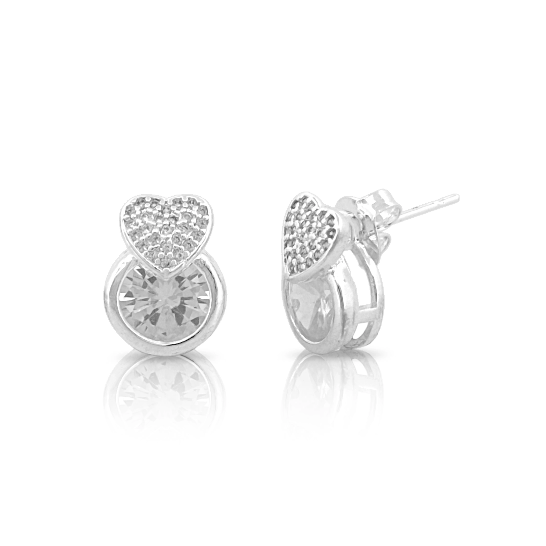 Brinco de Prata Leve Top Coração Com Zircônia Cristal Redonda
