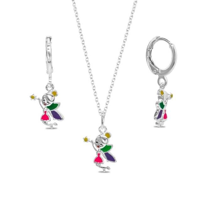 Gargantilha de Prata Leve Infantil Argola com Pingente e Brincos de Fada Esmaltada
