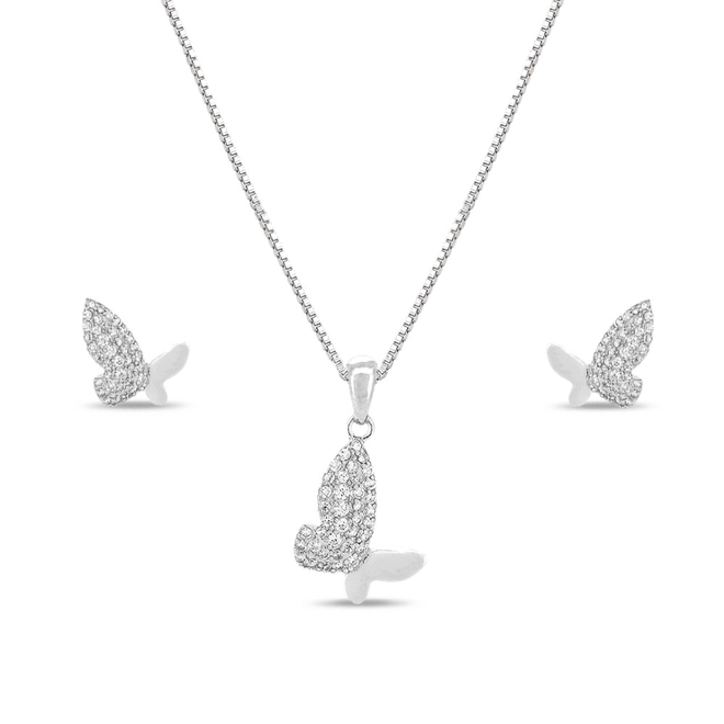 Gargantilha de Prata Top Borboleta com Brincos e Pingente de Zircônia Cristal