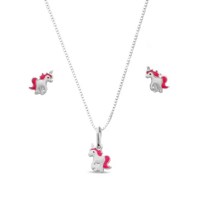 Gargantilha de Prata Infantil com Pingente e Brincos de Unicórnio Rosa Esmaltado