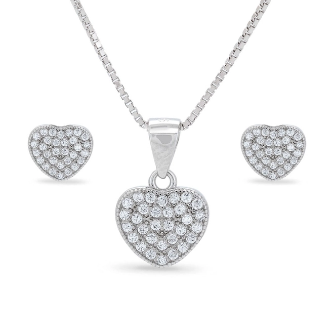 Gargantilha De Prata Com Brincos Top E Pingente De Coração com Zircônia Cristal