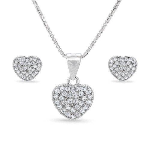 Gargantilha De Prata Com Brincos Top E Pingente De Coração com Zircônia Cristal