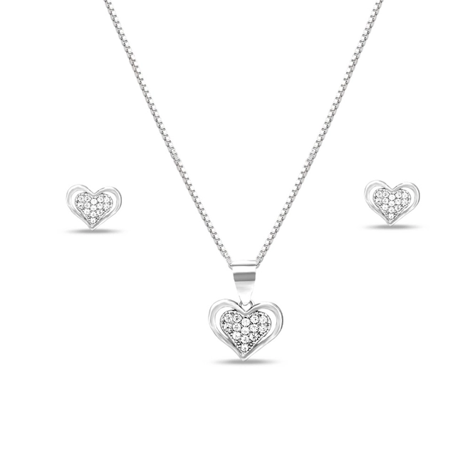 Conjunto de Prata Doce Coração com Zircônias Cristal