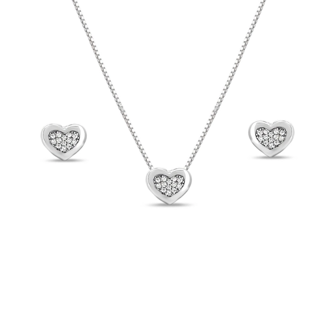 Conjunto de Prata Coração Espelhado e Zircônias Cristal