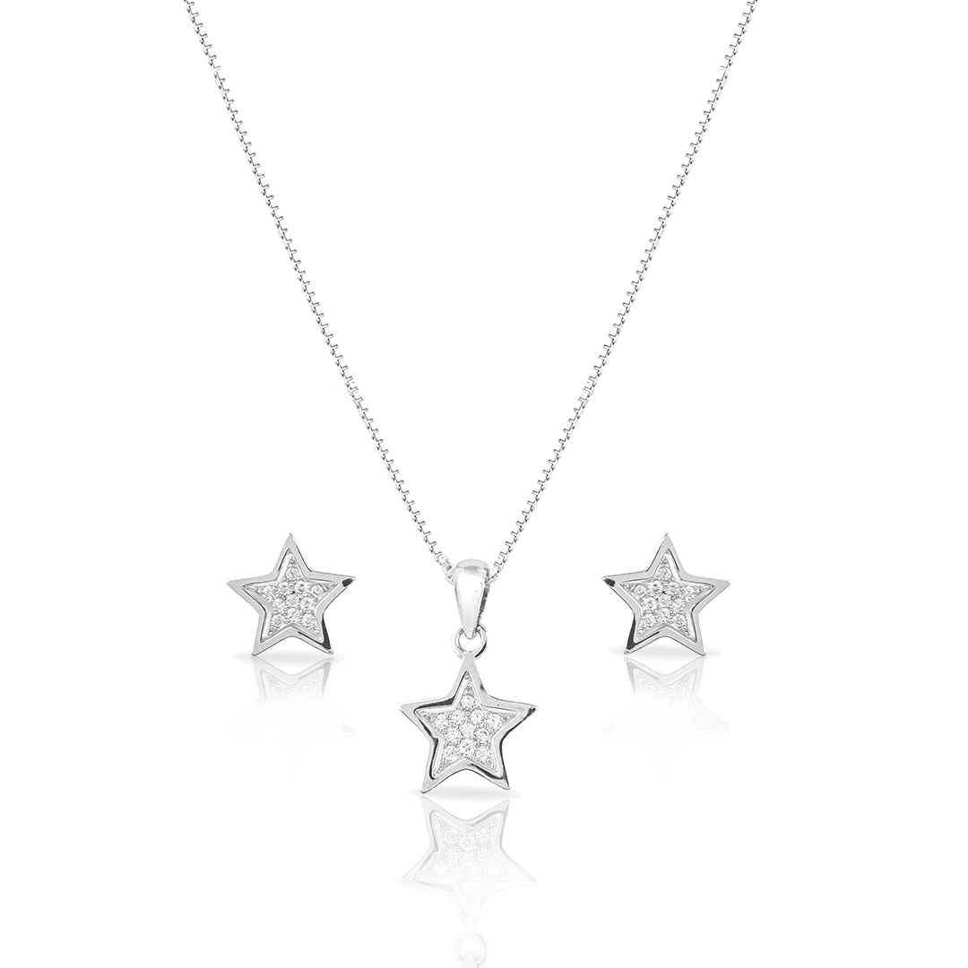 Gargantilha de Prata com Brincos e Pingente Estrela Delicada com Zircônias