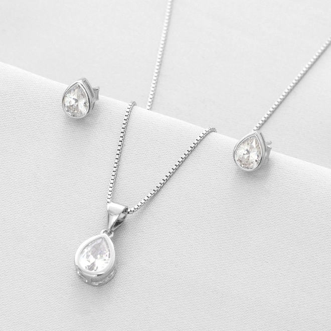Gargantilha de Prata Top Gota com Brincos e Pingente de Zircônia Cristal