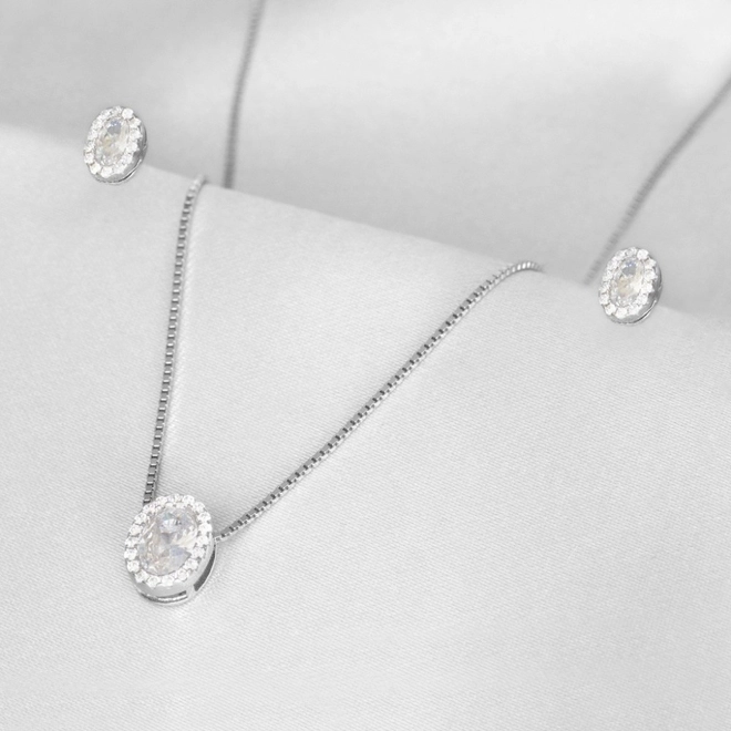 Gargantilha de Prata Top Oval com Brincos e Pingente de Zircônia Cristal