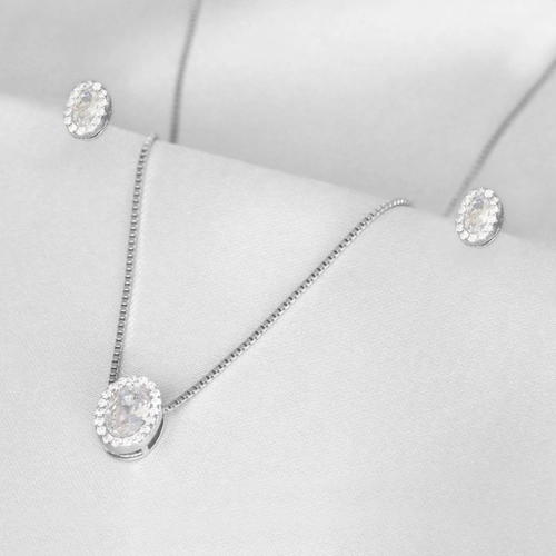 Gargantilha de Prata Top Oval com Brincos e Pingente de Zircônia Cristal