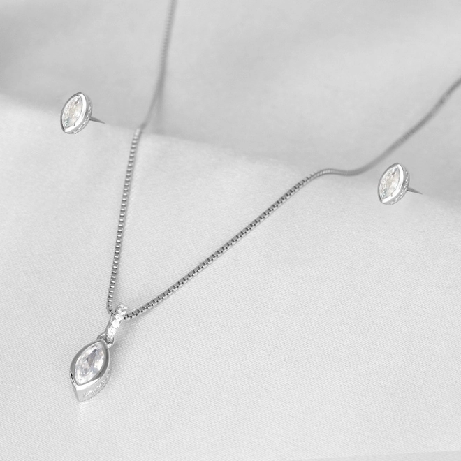 Gargantilha de Prata Top Navete com Brincos e Pingente de Zircônia Cristal