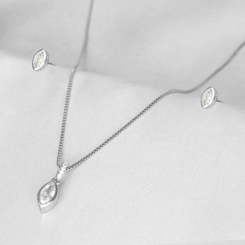 Gargantilha de Prata Top Navete com Brincos e Pingente de Zircônia Cristal