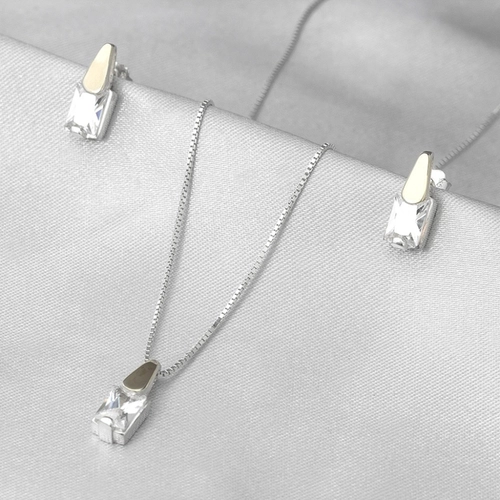 Gargantilha em Prata Classic com brincos e Pingente de Zircônia Cristal Retangular e Pigmento em Ouro