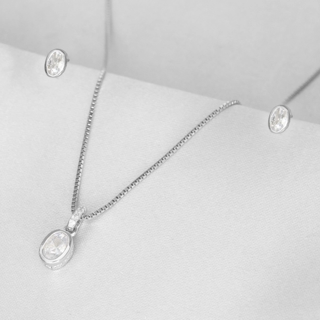 Gargantilha de Prata Top Oval com Brincos e Pingente de Zircônia Cristal