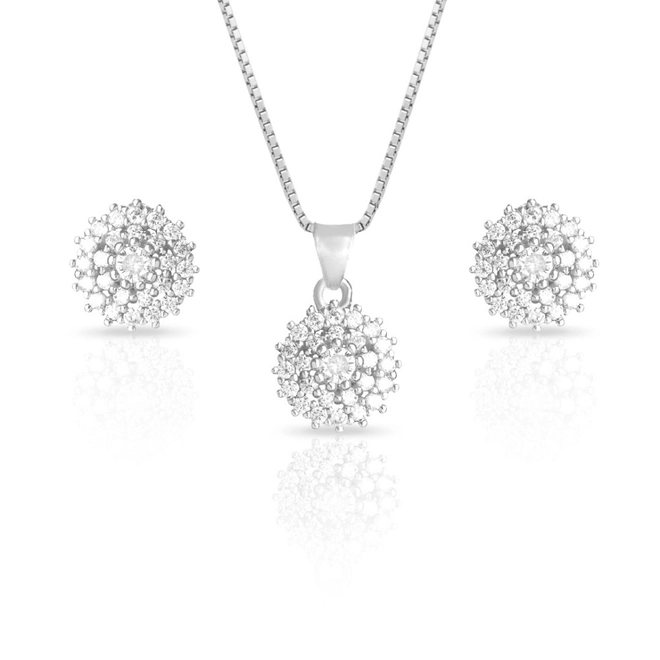 Gargantilha de Prata com Brincos Top e Pingente Redondo com Zircônia Cristal
