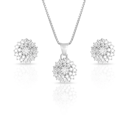 Gargantilha de Prata com Brincos Top e Pingente Redondo com Zircônia Cristal