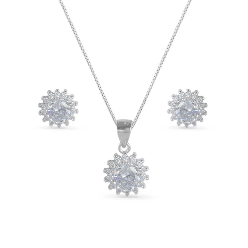 Gargantilha de Prata com Brincos Top e Pingente de Zircônia Cristal