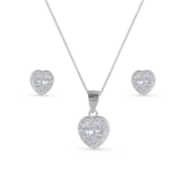 Gargantilha de Prata com Brincos Top e Pingente de Coração com Zircônias Cristal