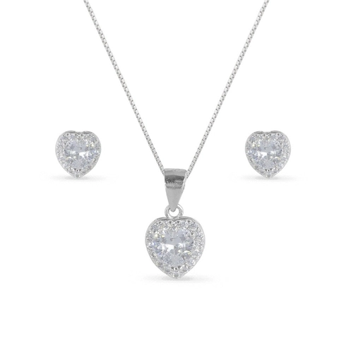 Gargantilha de Prata com Brincos Top e Pingente de Coração com Zircônias Cristal